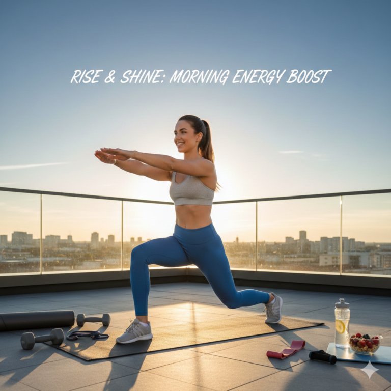 Morning workout routine for energy with woman stretching at sunrise outdoors
