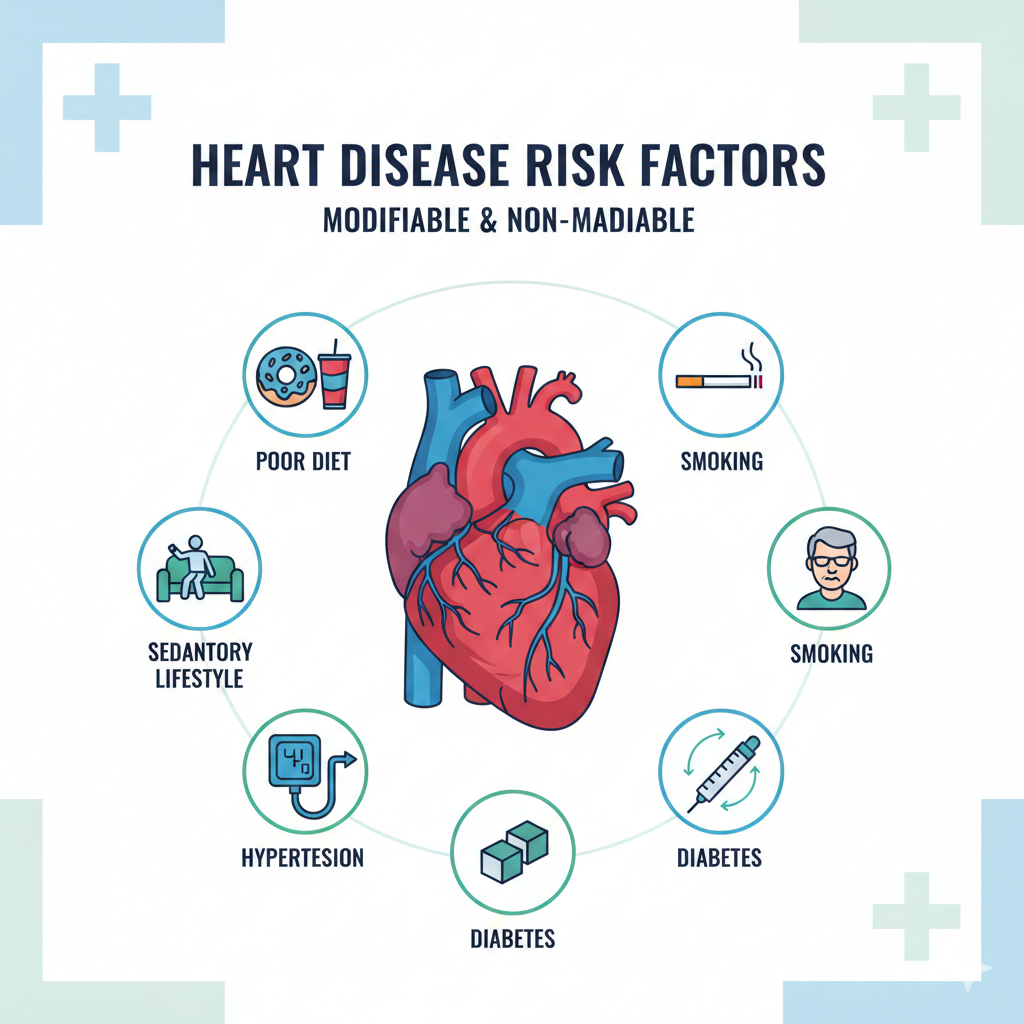 Infographic showing major heart disease risk factors including high blood pressure, smoking, obesity, diabetes, and high cholesterol