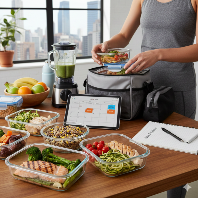 Healthy meal prep with balanced diet foods for busy people