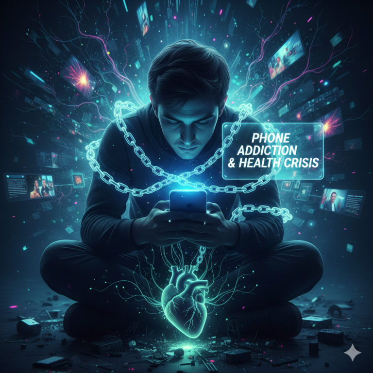 This image illustrates the mental health effects of phone addiction, including anxiety, stress, depression, and emotional dependence caused by excessive smartphone use.