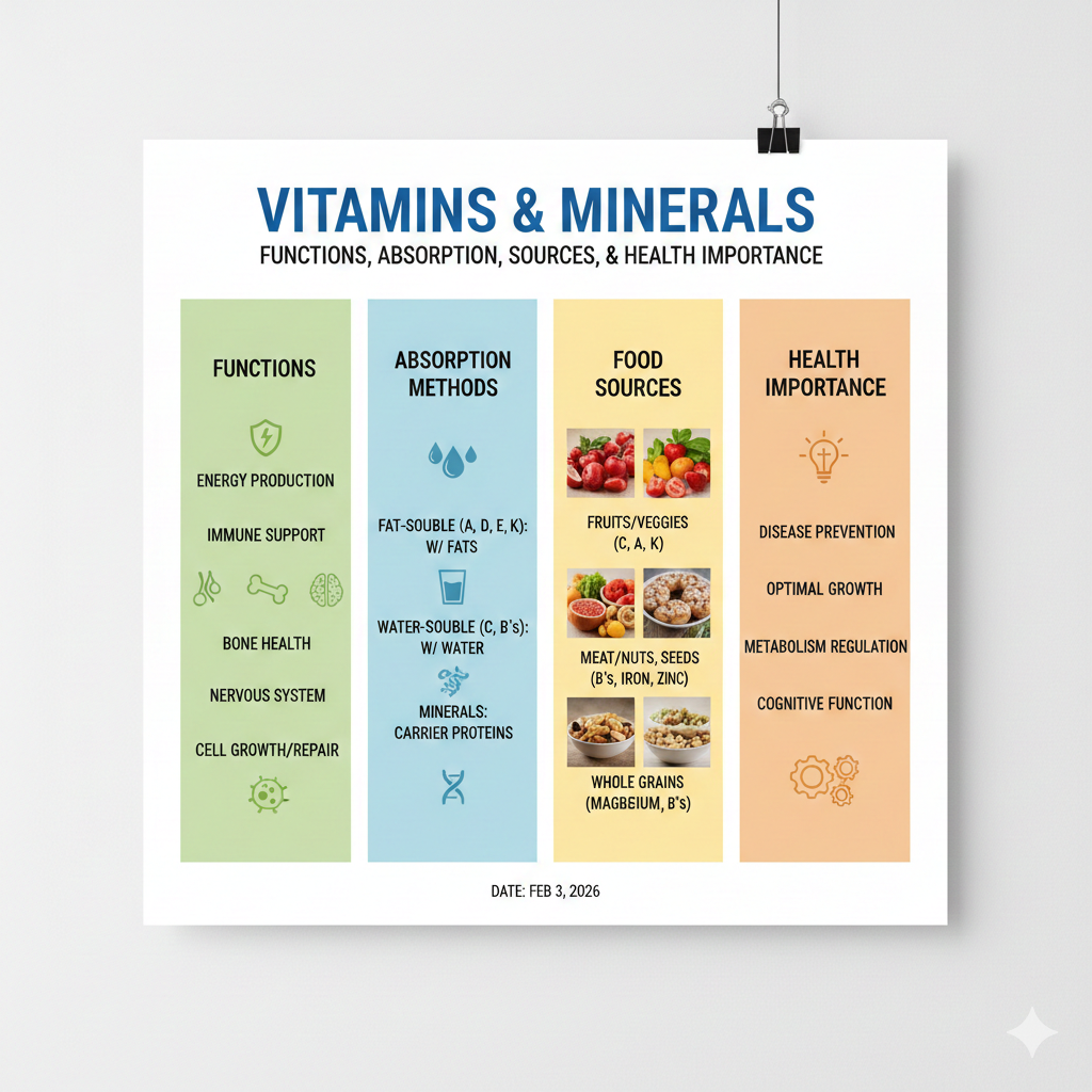 This image explains the importance of vitamins and minerals in maintaining good health, supporting immune function, improving energy levels, and preventing nutritional deficiencies.