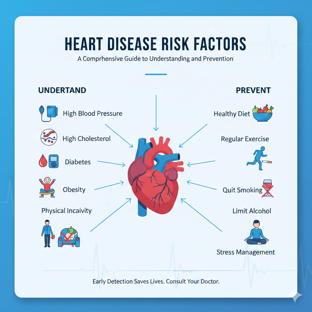 Doctor explaining medical heart disease risk factors like high blood pressure, diabetes, and high cholesterol